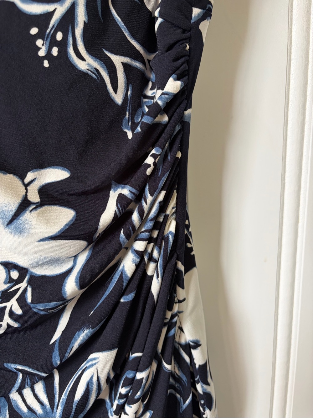 NWT Lauren Ralph Lauren Navy White Floral Ruched Faux Wrap Sheath Dress 14P - Picture 3 of 11